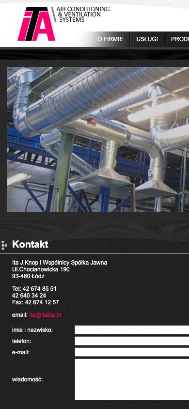 Obecna strona kontaktowa ITA na telefonie. Menu i pola formularza są ucięte po prawej stronie.