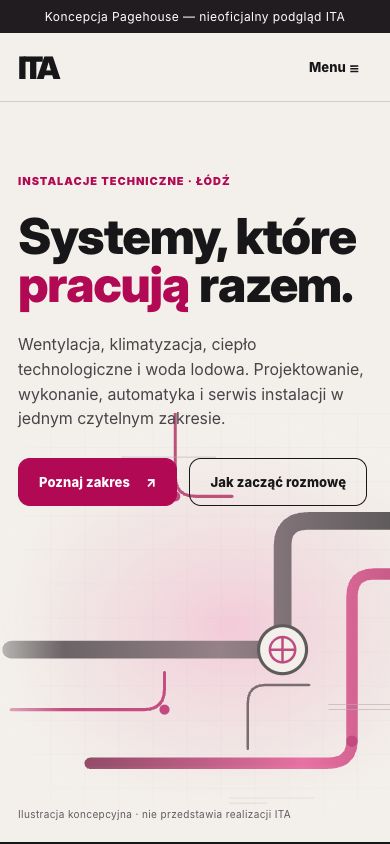 Nowa koncepcja strony ITA przy szerokości 390 pikseli: czytelny tytuł, opis usług, dwa działania i menu mieszczą się w ekranie.